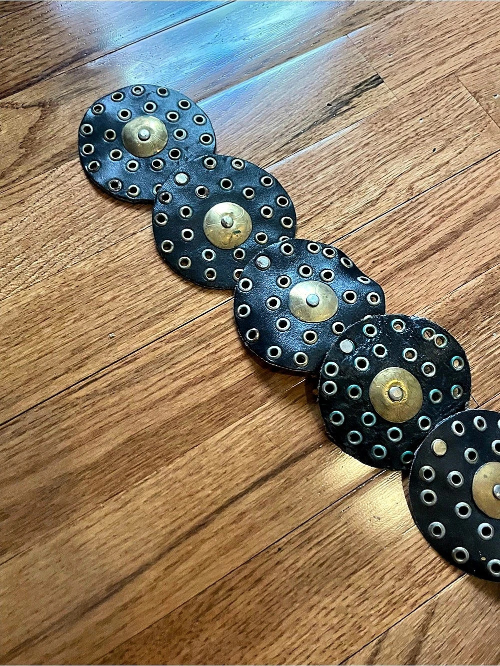 Vintage 70s 80s Moroccan Leather Grommet Disc Belt Black Western Medallion Belt - Picture 8 of 11